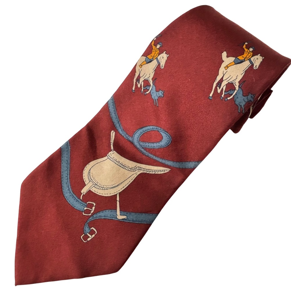 Gino Pompeii Necktie Mens Brown Navy Silk Horse Equestrian Preppy Old Money